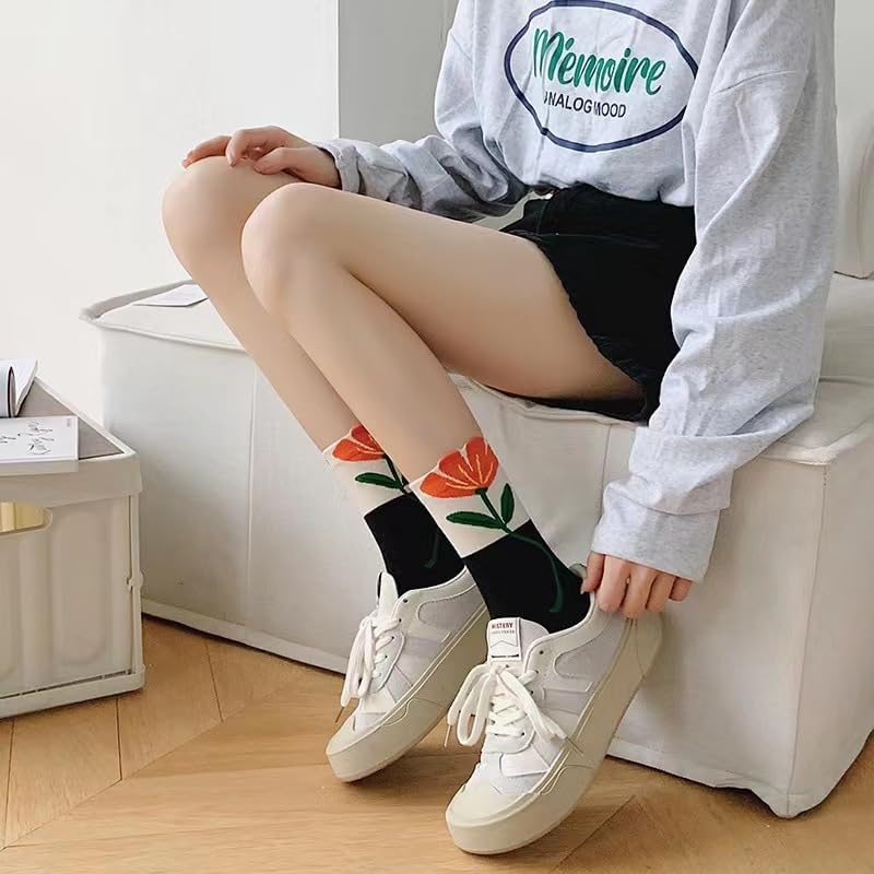 MarJunSep Cute Floral Crew Socks for Women Teen Girls Flower Cottagecore Frilly Vintage Fancy Cotton Socks - Image 3